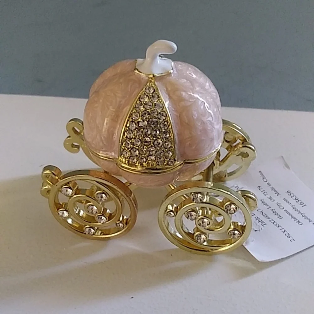 COPY - Bejeweled Cinderella Pumpkin Carriage Mini Hinged Trinket Pill Box 3" Hi… - Picture 2 of 5